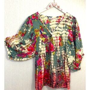 Tianello boho embroidered tie dye floral cotton blouse v-neck